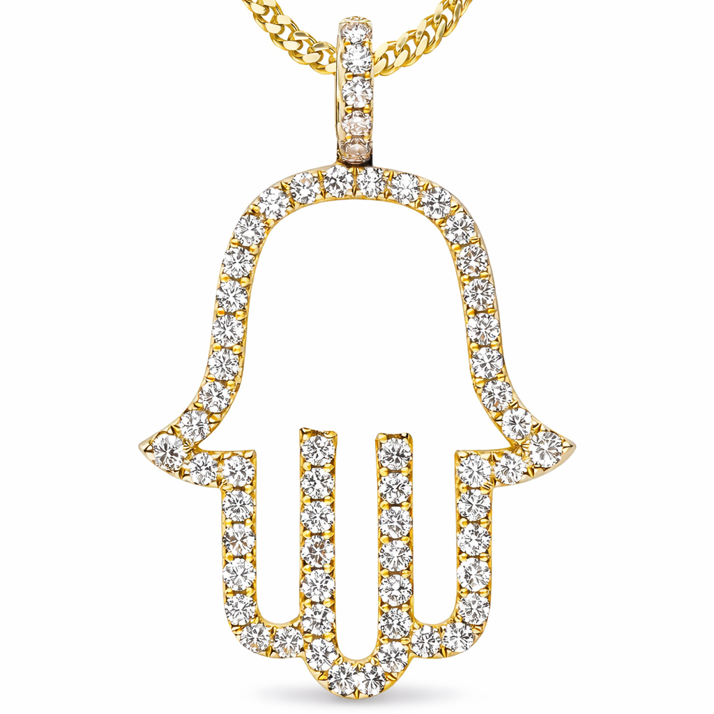 1 Carat VS Clarity Lab Grown Diamond Hamsa Eye Pendant Charm with Necklace Chain in Solid 4k Yellow Gold for Men and Women