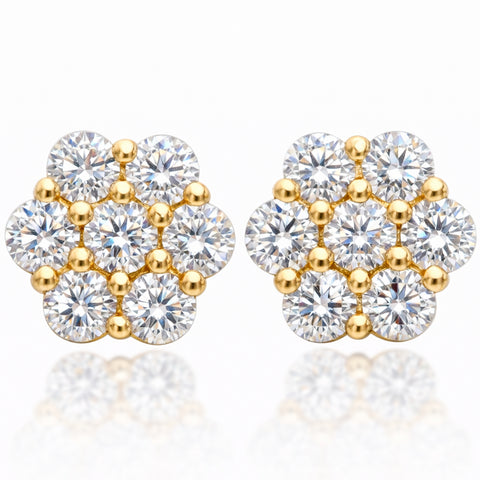 1 Carat VS Clarity Lab Diamond Cluster Flower Stud 2 Earrings in Solid 14K Yellow Gold for Men and Women