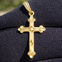 Real Genuine 1/20 14K Yellow Gold GF Gothic Chrome Cross 1 Inch Religious Crucifix Vintage Style Necklace Pendant Charm for Men and Women
