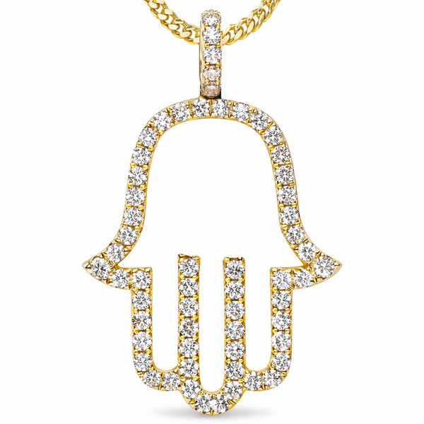 1 Carat VS Clarity Lab Grown Diamond Hamsa Eye Pendant Charm with Necklace Chain in Solid 4k Yellow Gold for Men and Women