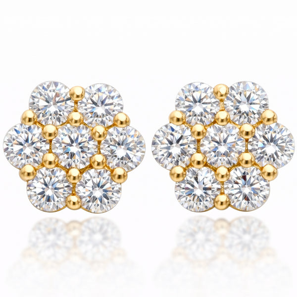 1 Carat VS Clarity Lab Diamond Cluster Flower Stud 2 Earrings in Solid 14K Yellow Gold for Men and Women